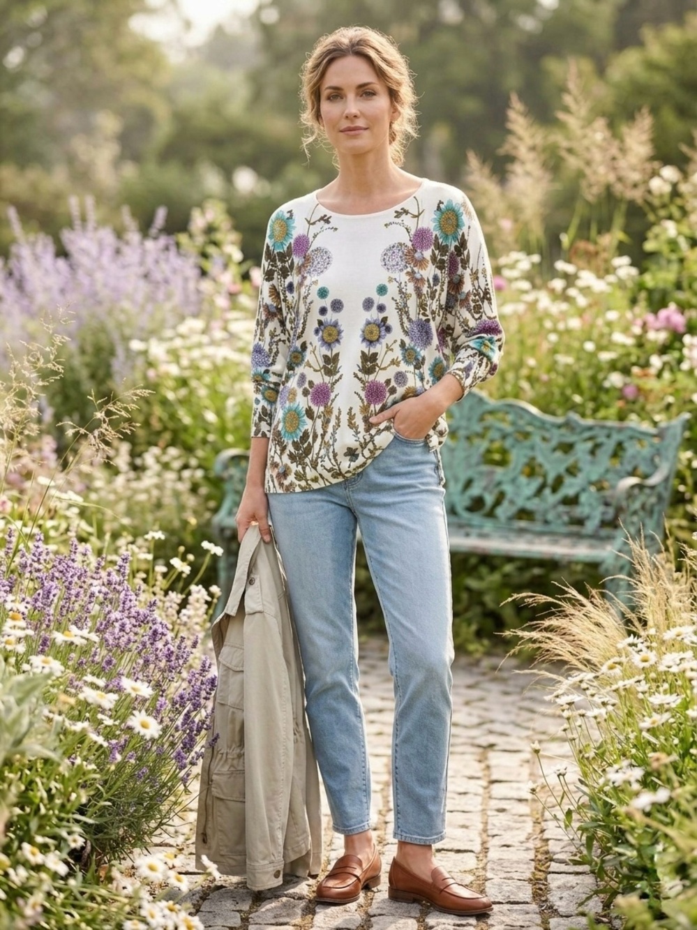 Joseph A Botanical Wildflower Knit Sweater Top L Silk Feel